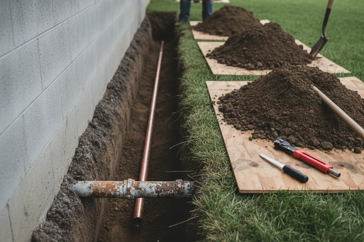 Excavated water line trench during Water Softener Installation in Red Mountain